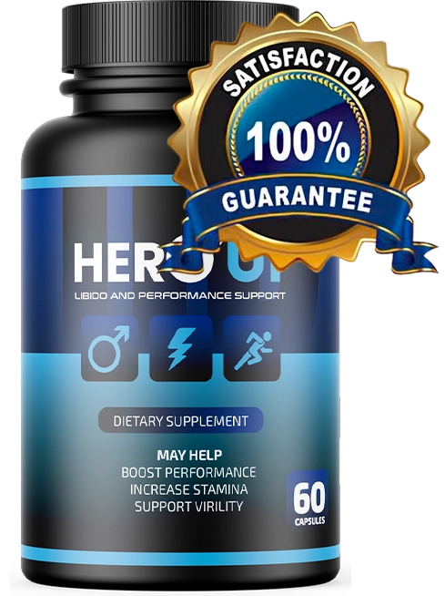 HeroUP supplement bottle with 100% satisfaction guarantee badge