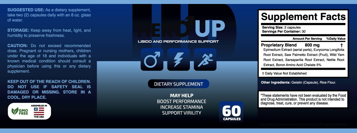 HeroUP supplement facts label 800mg proprietary blend Epimedium Tongkat Ali Saw Palmetto